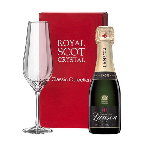 Mini Lanson Le Black Label Champagne 20cl and Royal Scot Classic Collection Flute In Red Gift Box